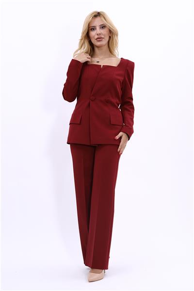 Kare Yaka Modern Ceket & Bol Paça Pantolon Kadın Takım Elbise-Bordo