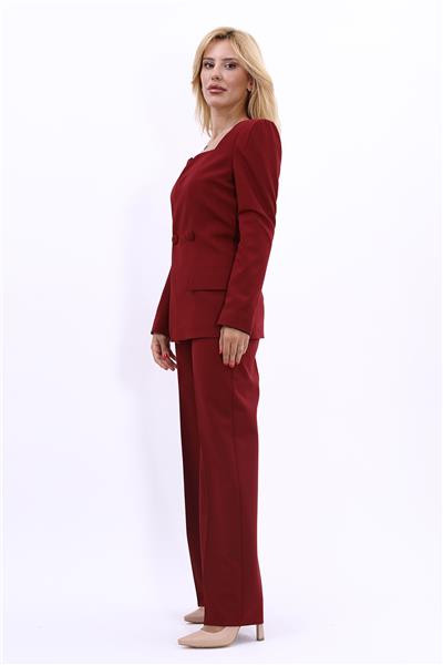 Kare Yaka Modern Ceket & Bol Paça Pantolon Kadın Takım Elbise-Bordo