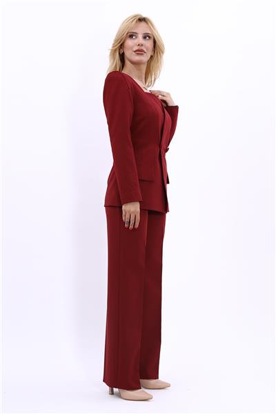 Kare Yaka Modern Ceket & Bol Paça Pantolon Kadın Takım Elbise-Bordo