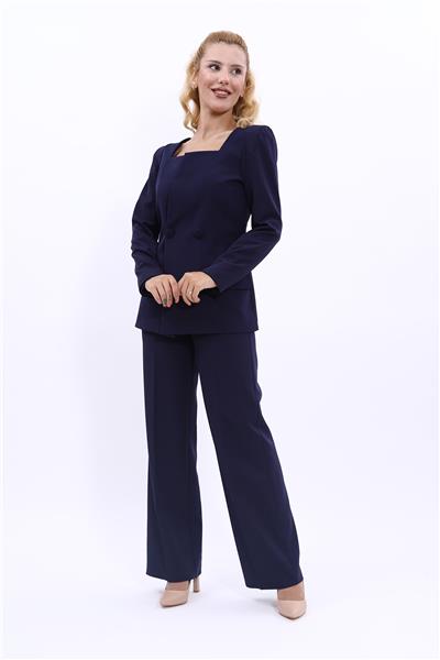 Kare Yaka Modern Ceket & Bol Paça Pantolon Kadın Takım Elbise-Lacivert