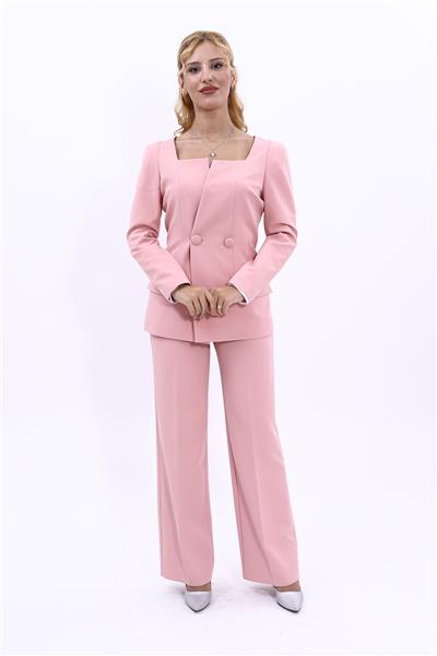 Kare Yaka Modern Ceket & Bol Paça Pantolon Kadın Takım Elbise-Pudra