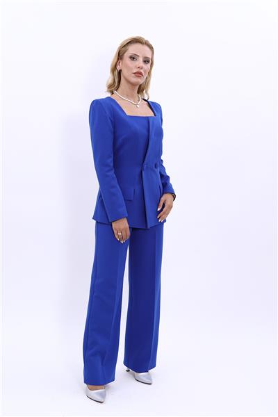 Kare Yaka Modern Ceket & Bol Paça Pantolon Kadın Takım Elbise-Saks