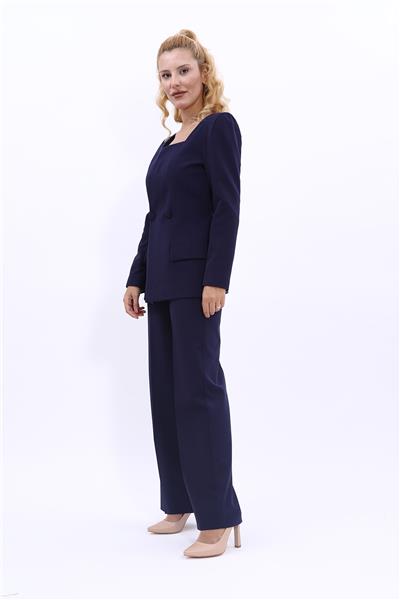 Kare Yaka Modern Ceket & Bol Paça Pantolon Kadın Takım Elbise-Lacivert