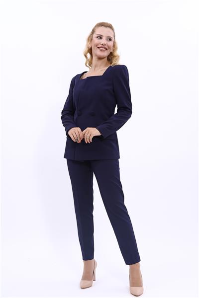 Kare Yaka Modern Ceket & Dar Paça Patolon Kadın Takım Elbise -Lacivert