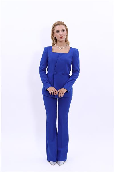 Kare Yaka Modern Ceket & İspanyol Paça Pantolon Kadın Takım Elbise-Saks