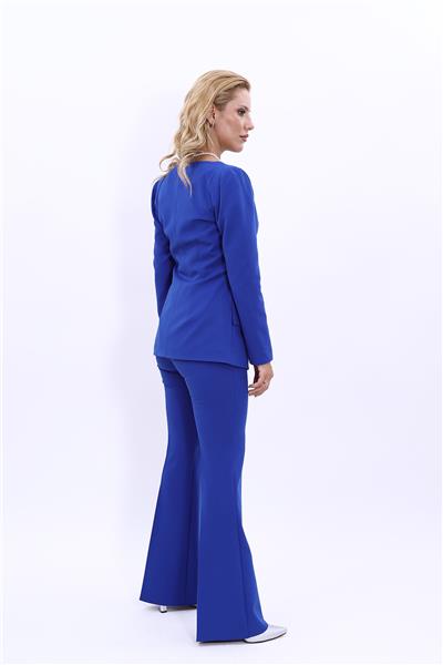 Kare Yaka Modern Ceket & İspanyol Paça Pantolon Kadın Takım Elbise-Saks