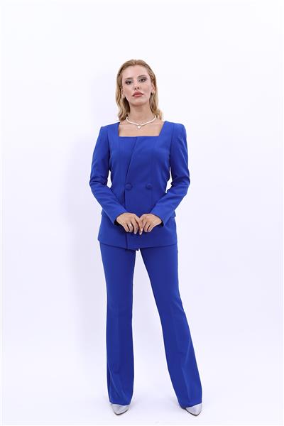 Kare Yaka Modern Ceket & İspanyol Paça Pantolon Kadın Takım Elbise-Saks
