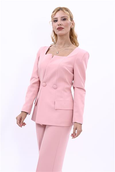 Kare Yaka Modern Kadın Ceket-Pudra
