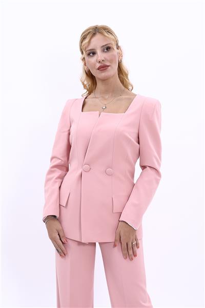 Kare Yaka Modern Kadın Ceket-Pudra