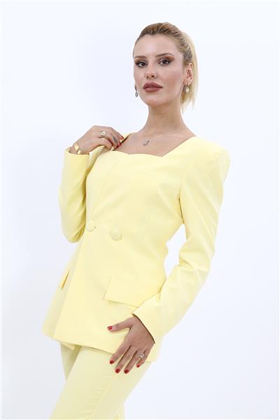 Kare Yaka Modern Kadın Ceket-Sarı