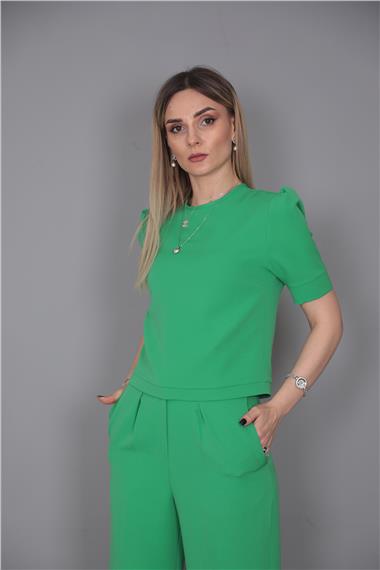 Kayık Yaka Kısa Kol Bluz-Yeşil