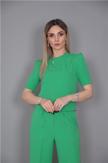 Kayık Yaka Kısa Kol Bluz-Yeşil