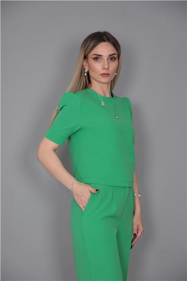 Kayık Yaka Kısa Kol Bluz-Yeşil