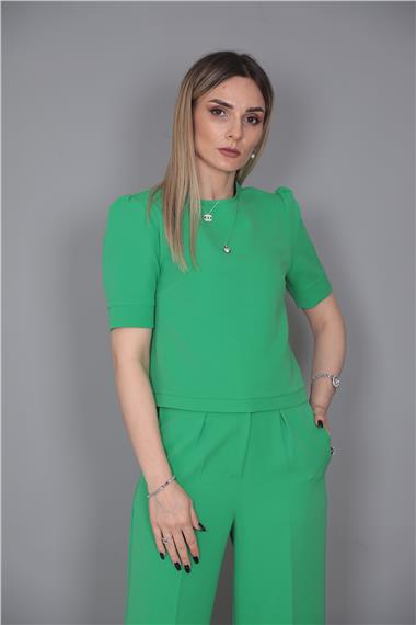 Kayık Yaka Kısa Kol Bluz-Yeşil