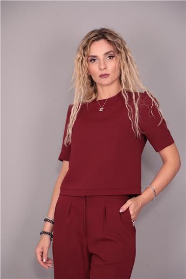 Kayık Yaka Kısa Kol Bluz-Bordo
