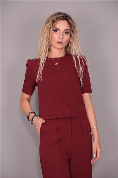 Kayık Yaka Kısa Kol Bluz-Bordo