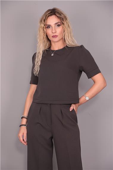 Kayık Yaka Kısa Kol Bluz-Füme