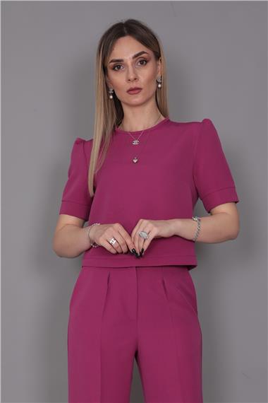 Kayık Yaka Kısa Kol Bluz-Fuşya