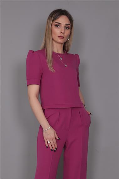 Kayık Yaka Kısa Kol Bluz-Fuşya