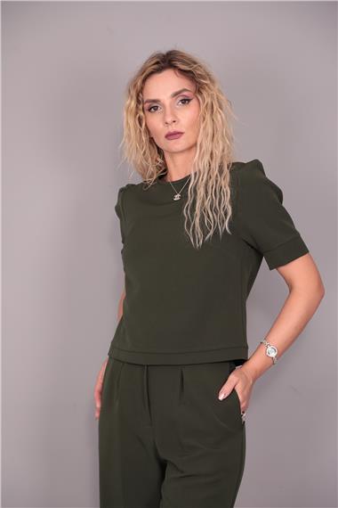 Kayık Yaka Kısa Kol Bluz-Haki