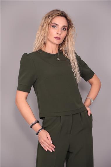 Kayık Yaka Kısa Kol Bluz-Haki