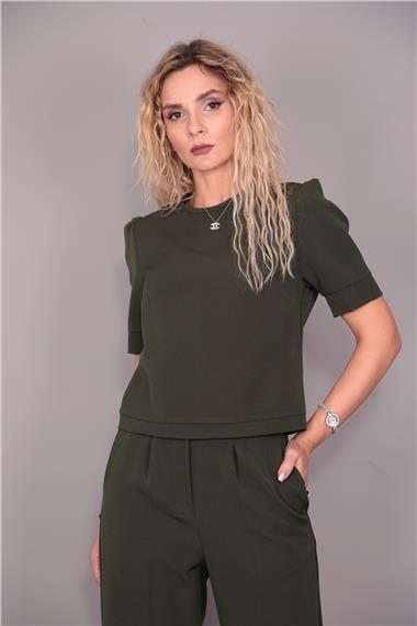 Kayık Yaka Kısa Kol Bluz-Haki