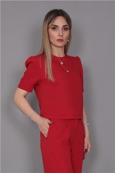Kayık Yaka Kısa Kol Bluz-Kırmızı