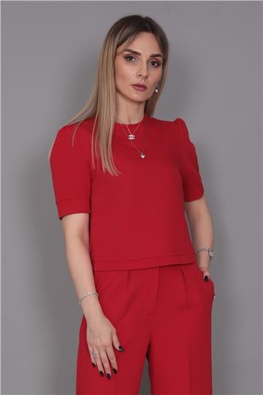Kayık Yaka Kısa Kol Bluz-Kırmızı