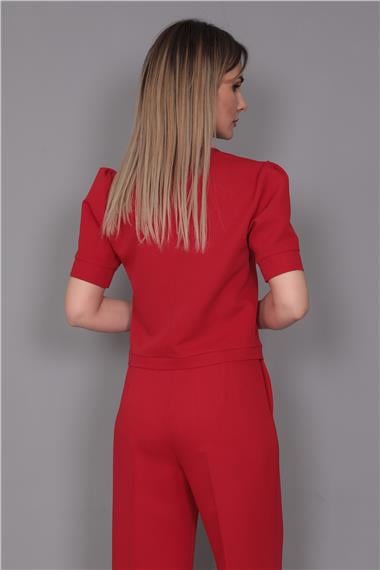 Kayık Yaka Kısa Kol Bluz-Kırmızı