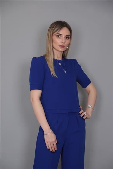 Kayık Yaka Kısa Kol Bluz-Saks