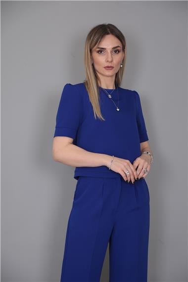 Kayık Yaka Kısa Kol Bluz-Saks