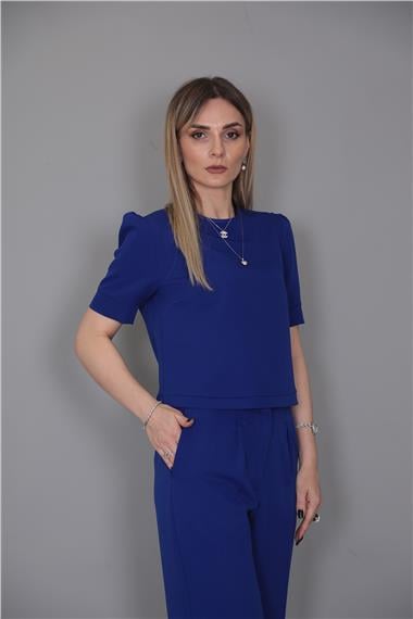 Kayık Yaka Kısa Kol Bluz-Saks