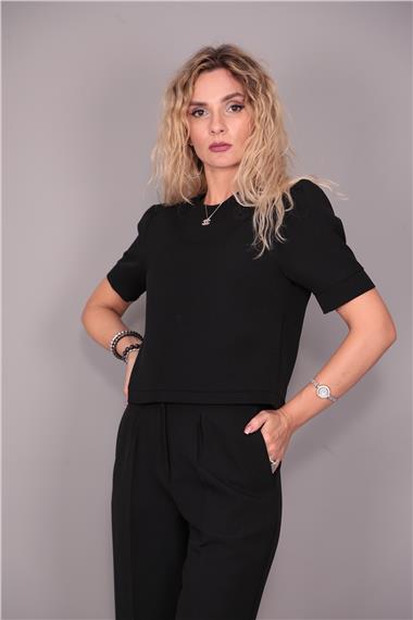 Kayık Yaka Kısa Kol Bluz-Siyah - 3507100
