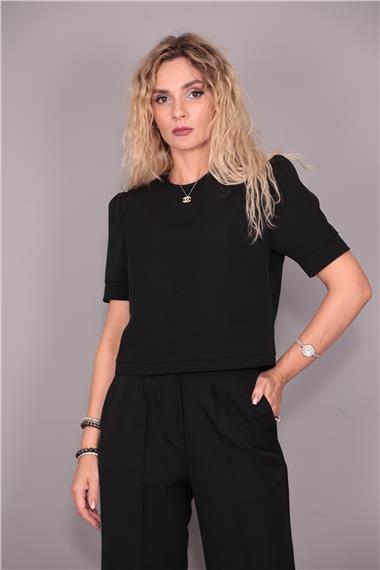 Kayık Yaka Kısa Kol Bluz-Siyah - 3507100