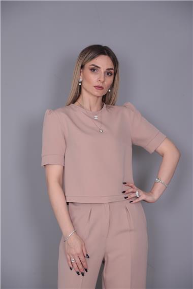 Kayık Yaka Kısa Kol Bluz-Taş