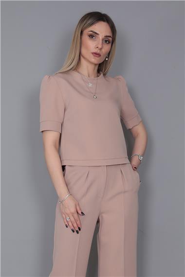 Kayık Yaka Kısa Kol Bluz-Taş