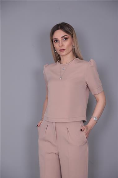 Kayık Yaka Kısa Kol Bluz-Taş