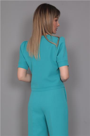 Kayık Yaka Kısa Kol Bluz-Turkuaz