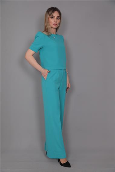 Kayık Yaka Kısa Kol Bluz-Turkuaz
