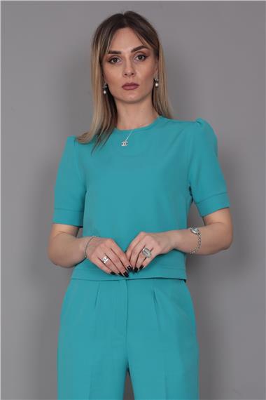 Kayık Yaka Kısa Kol Bluz-Turkuaz