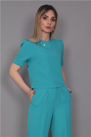Kayık Yaka Kısa Kol Bluz-Turkuaz