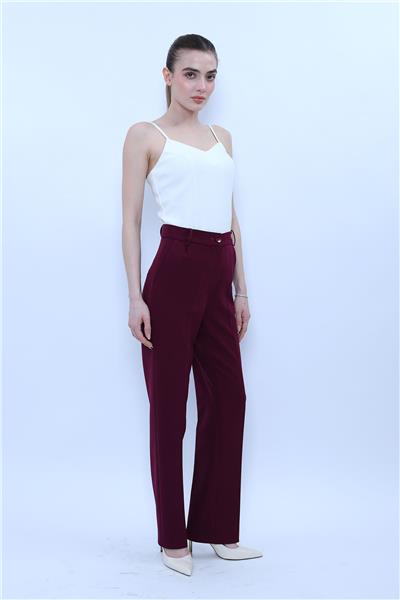 Kemerli Boru Paça Pantolon-Mürdüm