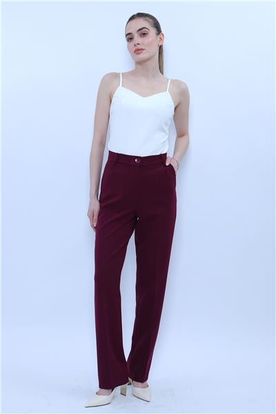 Kemerli Boru Paça Pantolon-Mürdüm