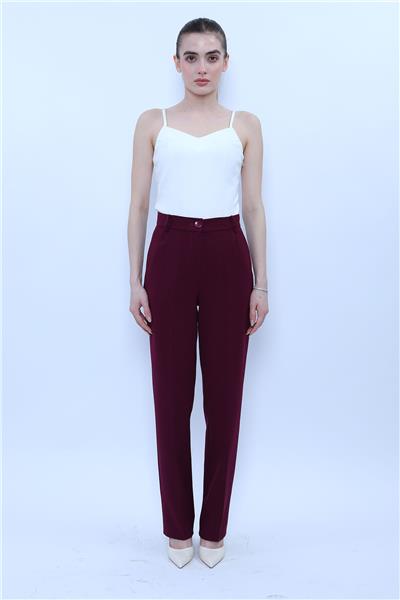 Kemerli Boru Paça Pantolon-Mürdüm