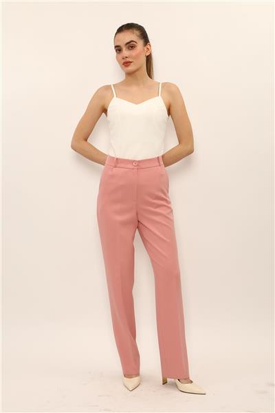 Kemerli Boru Paça Pantolon-Pudra