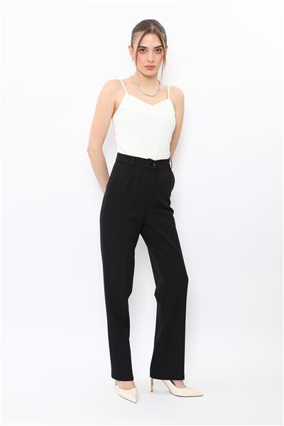 Kemerli Boru Paça Pantolon-Siyah