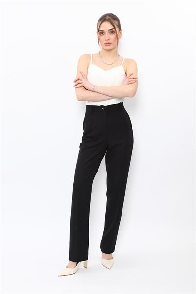 Kemerli Boru Paça Pantolon-Siyah