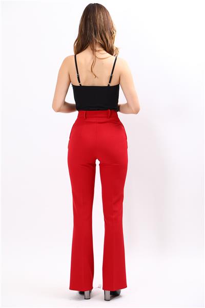 Kemerli İspanyol Paça Pantolon-Kırmızı