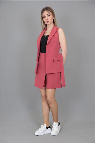 Kemerli Klasik Yelek & Ön Kapklı Etek Şort-Kiremit