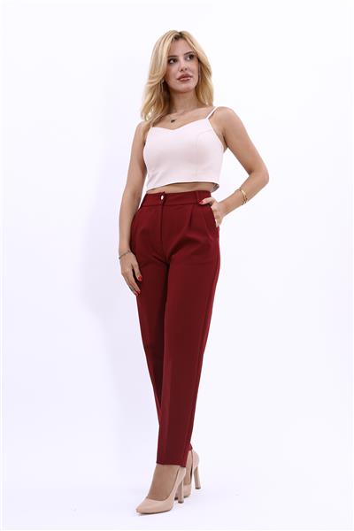 Kemerli Köprülü Dar Paça Pantolon-Bordo